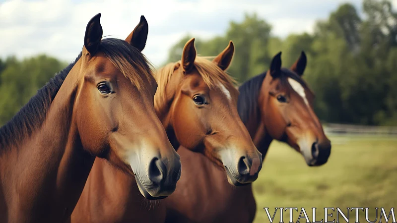 Triad of chestnut horses in shallow depth pastoral portrait.