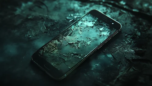 Smartphone lies on wet textured surface with corroded screen