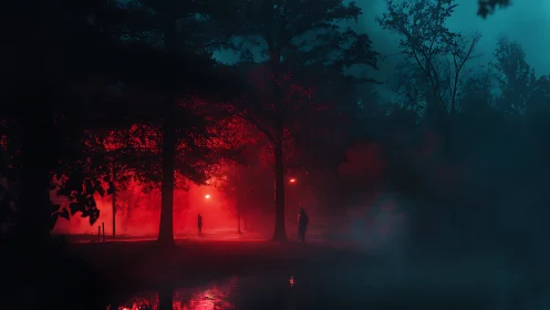 Two figures stand on misty path under red streetlights at night