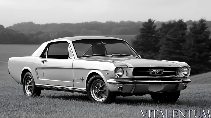 Classic 1960s coupe parked on grass in rural landscape
