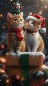 Two Christmas Cats in Red Scarves Sitting on Gift Box.