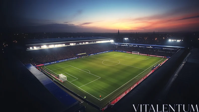 Floodlit football cathedral glowing under a painted dusk sky.