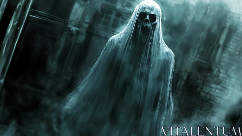 Shrouded skeletal ghost figure in misty ruined alleyway.
