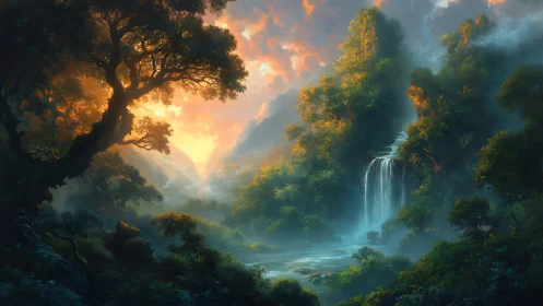 Mountain Forest Landscape with Waterfall and Dawn Light