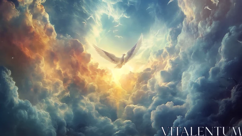 Radiant white bird rising through luminous sky clouds.