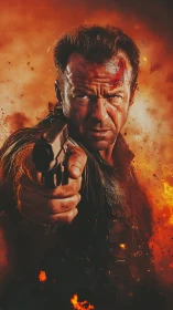 Intense action hero stands firm amid blazing explosions