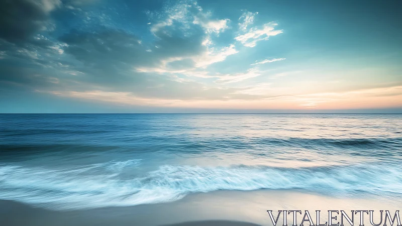 Coastal horizon seascape with pastel sunrise sky gradients.