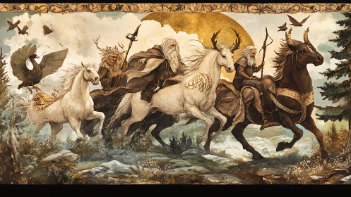 Elder riders on mystical steeds under a golden sun.