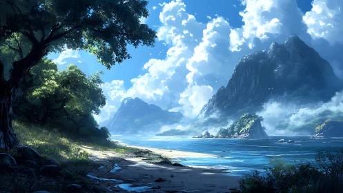 Tropical Fjord Landscape with Dramatic Basalt Formations and Luminous Atmospheric Perspective