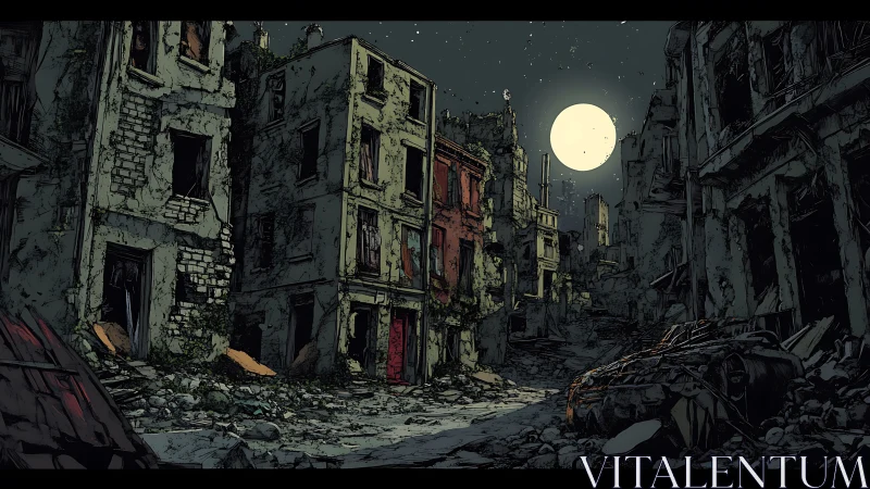 Ruined urban street under full moon with derelict buildings.