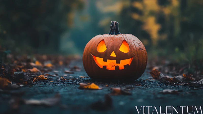 Carved jack o lantern sits on damp path with blurred foliage