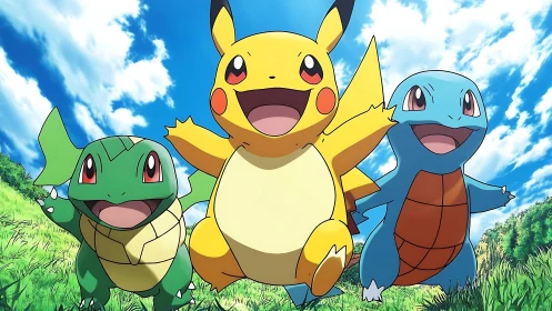 Cartoon electric and turtle creatures in grassy landscape.