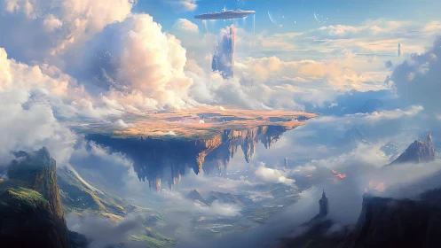Floating plateau landscape is shown suspended among dense clouds