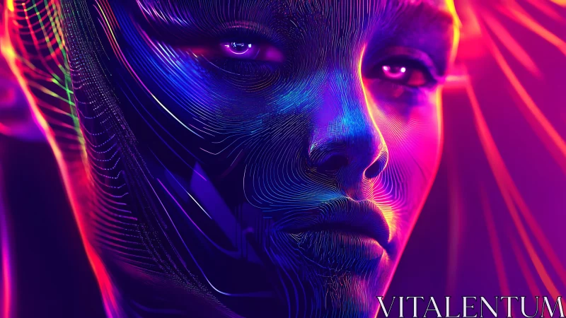 Neon-lit digital portrait of human face with abstract lines.
