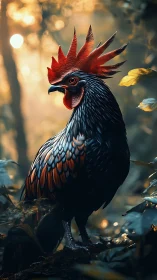Majestic Rooster with Crimson Crest in Golden Forest.