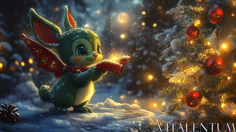 Digital painting of festive creature beside illuminated fir tree.