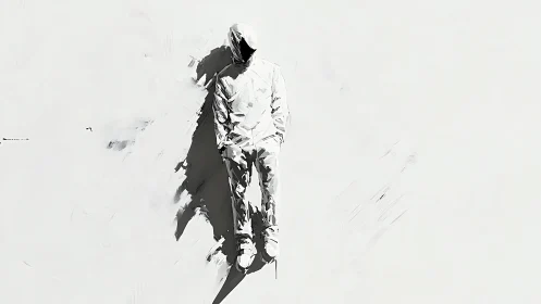 Monochrome faceless figure casts elongated shadow on void