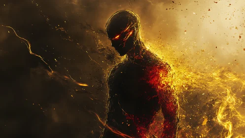 Molten humanoid silhouette emerges from radiant golden fire