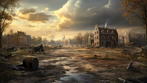 Rural post war village street with ruined brick houses.