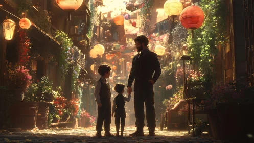 Father and children walking under lanterns at golden dusk.
