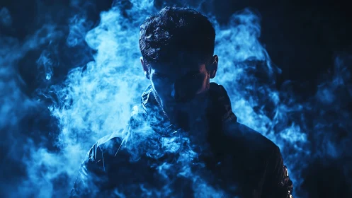 Hooded male silhouette framed by dense blue smoke clouds.