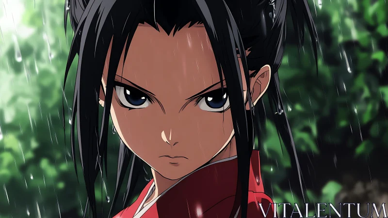 Determined anime hero holds steady under a gentle rainfall.