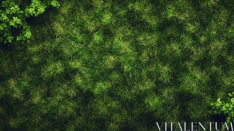 Lush green grass top view with leafy corners in natural sunlight.