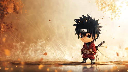 Little autumn ninja wandering through a glowing golden forest.