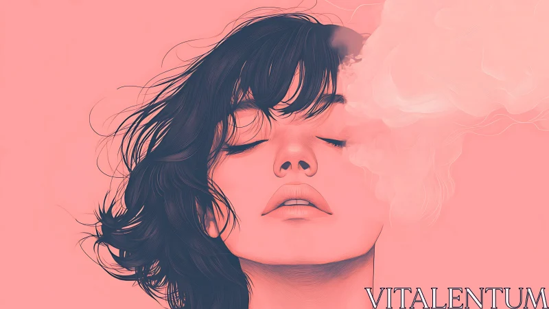 Calm digital portrait of woman with closed eyes and smoke.