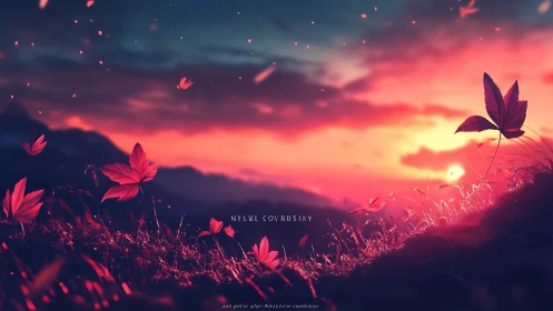 Scarlet leaves drift softly beneath a glowing dreamlike sunset