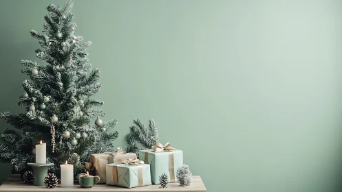 Minimalist frosted Christmas tree with pastel-toned wrapped gifts