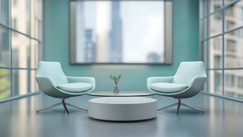 Minimalist lounge with paired swivel chairs and circular table in glass atrium