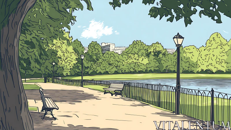 Park path runs beside a fenced pond under clear daylight