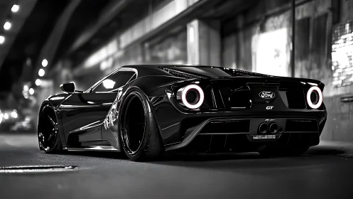 Midnight Ford GT prowl under neon-soaked city overpass.