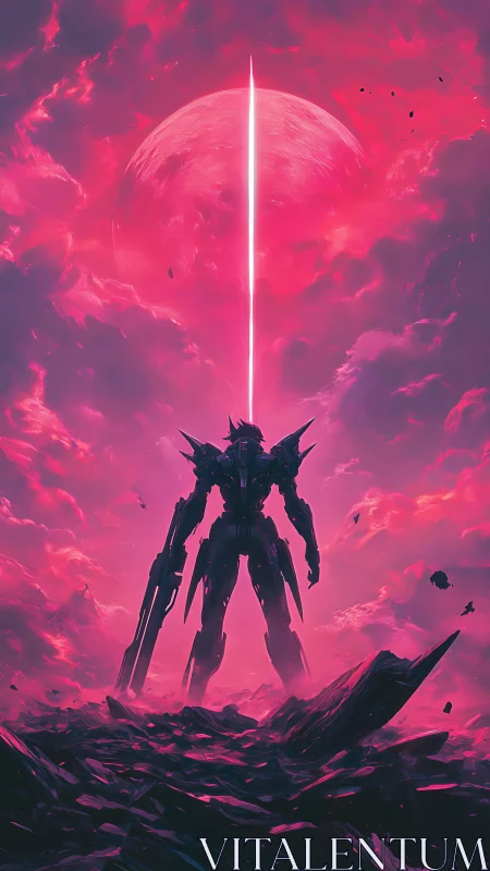 Neon war-god mech crowns a shattered planet in pink storm
