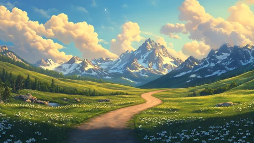 Winding dirt path extends through alpine meadow to mountains