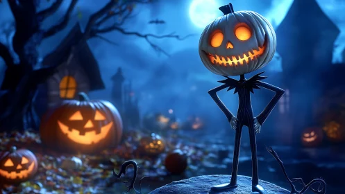 Cheerful pumpkin-headed scarecrow lights up a moonlit village