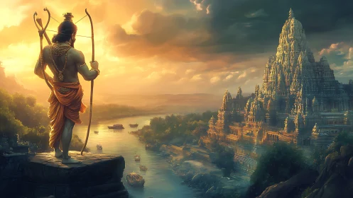 Epic riverfront deity overlooking golden temple complex.