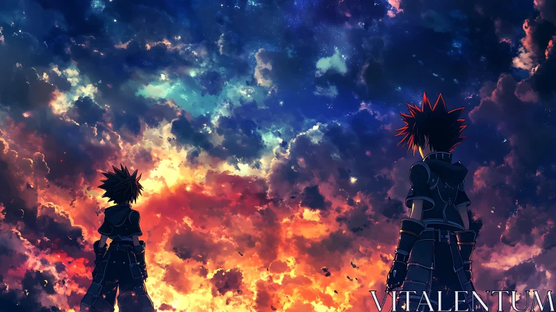 Two silhouetted figures under multicolored clouded sky.