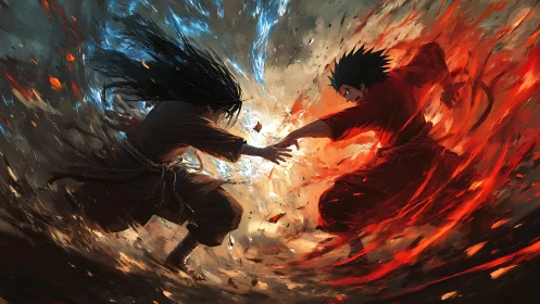 Elemental warriors collide in explosive fire and ice duel.