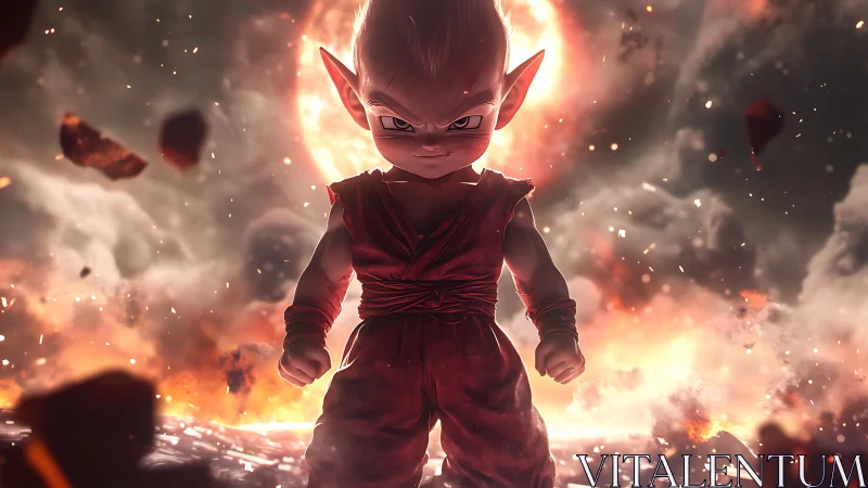 Chibi warrior ignites power within storm of fire and ash.