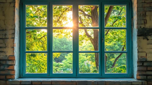 Teal-paned rustic window framing sunlit summer foliage.