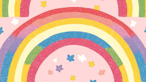Playful pastel rainbows arching across speckled pink sky.