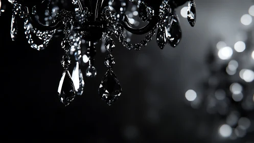 Black crystal chandelier close-up in dramatic low light.
