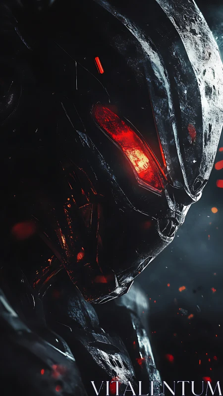Cyborg helmet profile with glowing red visor in darkness