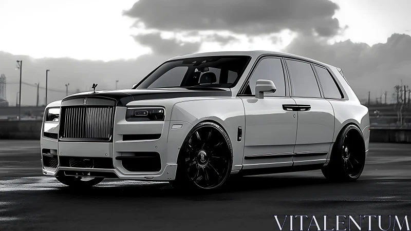 White luxury SUV parked on wet asphalt under cloudy sky