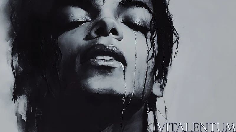 Monochrome portrait with dramatic tears and closed eyes.