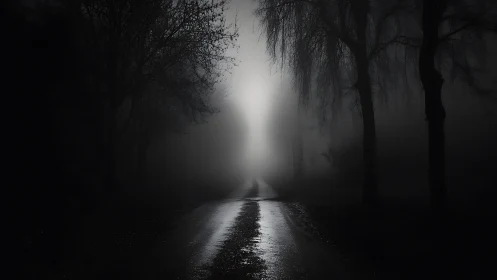 Nocturnal wet road receding into high-contrast fog vanishing point.