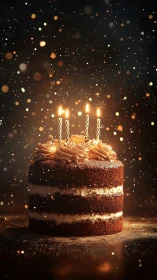 Birthday Cake with Lit Candles Against Bokeh Lights