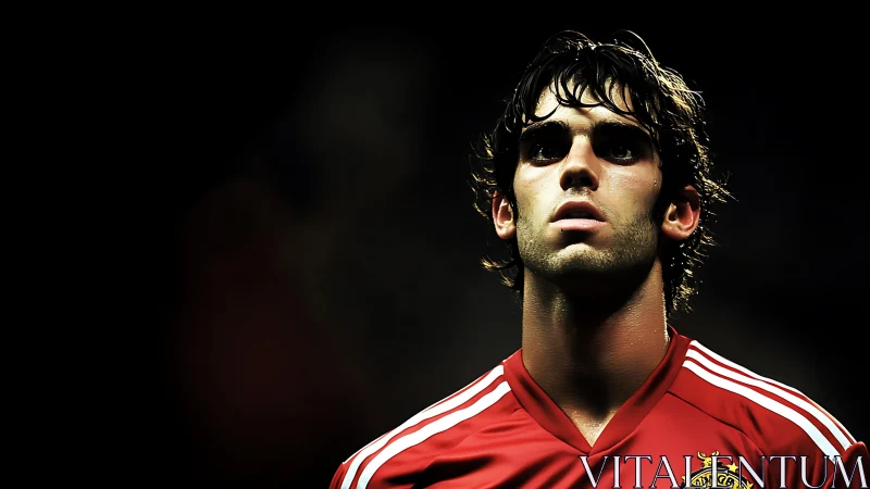 Stadium lights crown a focused footballer in bold red glow